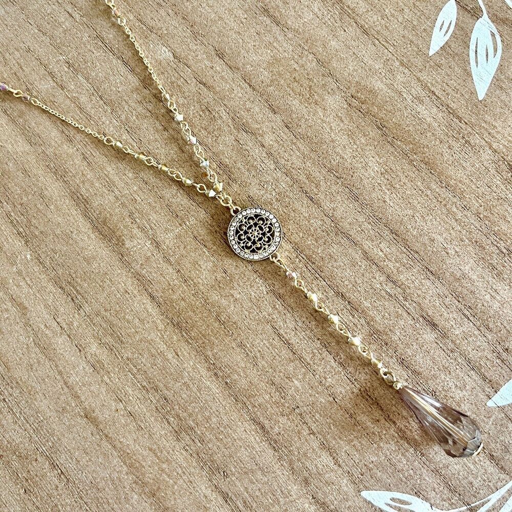 Y-Drop Necklace Gold Tone Figure 8 Chain AB Iridized Purple Bicone Beads